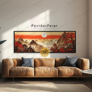 Japanese Wall Art: Sunset Landscape Framed Canvas Panoramic Above Bed Decor