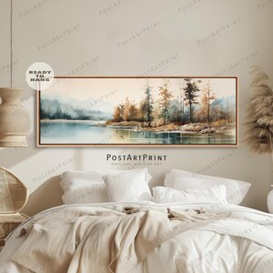 Horizontal Wall Art, Panoramic Lake Landscape, Large Framed Canvas, Above Bed Decor, Wide Art Print, Oversize Framed Poster, Long Narrow Art