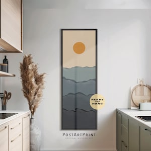 Long Horizontal Neutral Landscape, Framed Long Narrow Decor, Wide Art, Large Framed Canvas, Sea and Sun Summer Art, Vertical Boho Sun Poster