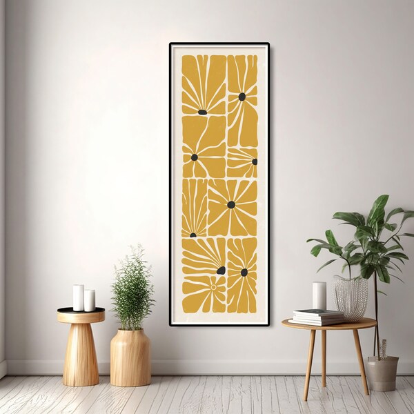 Abstract Yellow and Black Long Horizontal Wall Art, Long Narrow Flowers Art, Wide Art Print, Mid Century Modern Floral Print, Panoramic Art