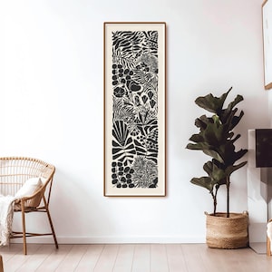 Long Narrow Flowers Art, Black and Beige Wall Art, Abstract Botanical, Long Horizontal Art, Wide Art Print, Mid Century Modern Floral Poster