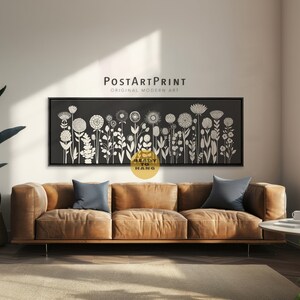 Horizontal Wall Art, Framed Canvas, Flowers Framed Poster, Panoramic Botanical, Black and Beige, Long Narrow Decor, Mid Century Modern Art