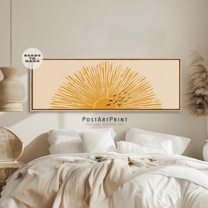 Horizontal Framed Wall Art, Yellow And Black Sun Print, Retro Sunburst, Large Framed Boho Sun Art, Long Narrow Wide Art, Above Bed Decor