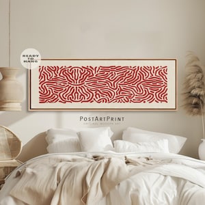 Horizontal Framed Wall Art, Framed Canvas Mid Century Modern Art, Panoramic Above Bed Decor, Long Narrow Wide Art, Red and Pink Bedroom Art