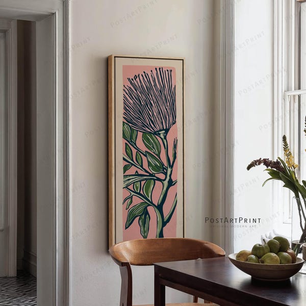 Arte mural de flores verticales alargadas: Impresión en lienzo con marco floral rosa y verde