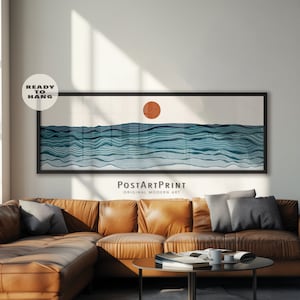 Long Horizontal Art, Sea and Sun Minimalist, Panoramic Neutral Landscape, Long Narrow Poster, Wide Art, Above Bed Decor, Large Framed Canvas