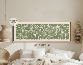Long Horizontal Framed Canvas Art, Sage Green Wide Art, Long Narrow Art, Abstract Botanical Above Bed Decor, Mid Century Large Framed Poster