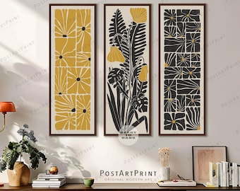 Mid Century Flowers Wall Art Set: Black & Yellow Long Narrow Wide Decor