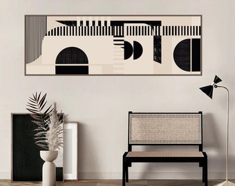 Lange horizontale abstracte geometrische kunst, zwart en beige grote print van hoge kwaliteit, lange smalle poster brede kunst, origineel gedrukt en verzonden