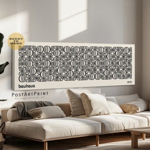 Horizontal Bauhaus Wall Art, Framed Canvas, Long Narrow Art, Wide Art Print, Black and White Mid Century Modern Wall Art, Exhibition Poster