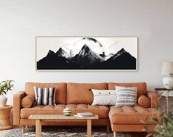 Black and White Minimalist Mountain, Long Horizontal Line Mountain Art, Boho Moon, Long Narrow Poster, Mid Century Modern, Wide Wall Art