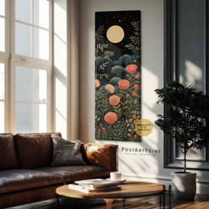 Long Narrow Art, Framed Canvas, Wildflowers Field, Flowers at Night Landscape, Long Horizontal Art, Wide Art Print, Moonlight Framed Poster