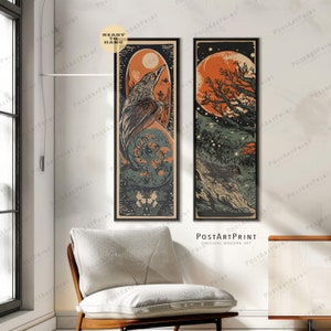 Long Vertical Set of 2, Framed Wide Art Print, Long Narrow Decor, Lino Cut Ar, Vertical Art, Tall Narrow, Night Drawing, Large Framed Canvas