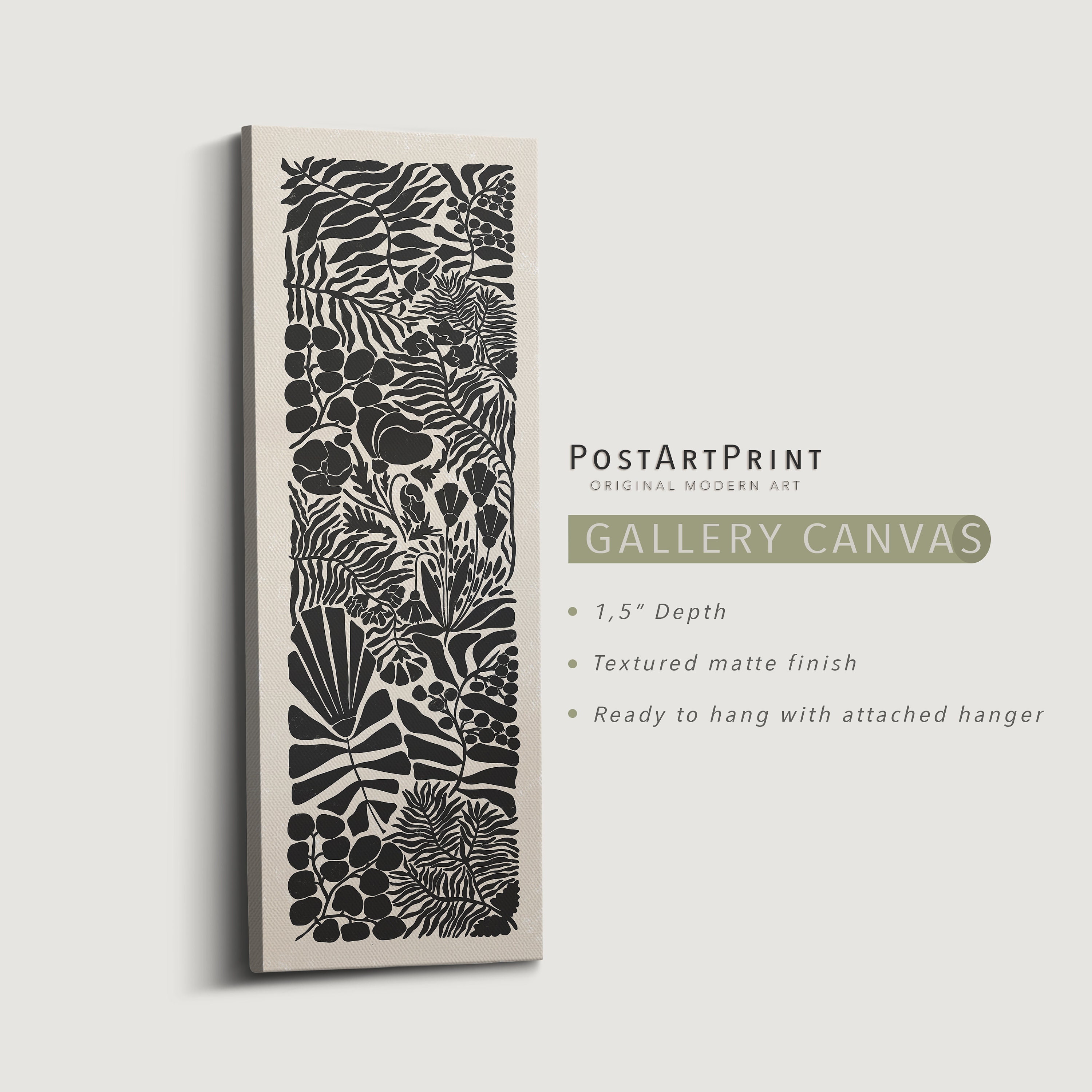 Long Narrow Flowers Framed Art, Black and Beige Canvas Wall