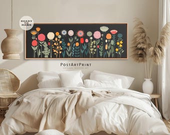 Flowers Field Horizontal Wall Art: Mid Century Modern Framed Canvas