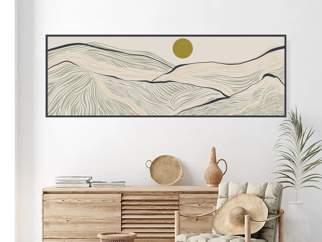 Minimalist Mountain, Long Horizontal Line Mountain Art, Boho Sun, Long