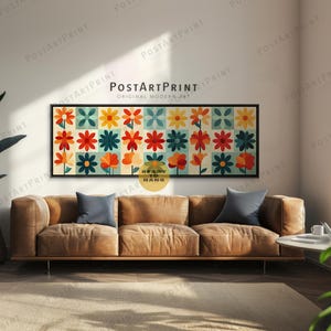 Mid Century Floral gerahmte Leinwand: Lange horizontale Retro Wandkunst