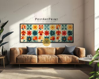 Mid Century Floral Framed Canvas: Long Horizontal Retro Wall Art