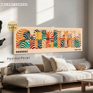 Bauhaus Wall Art: Mid Century Modern Long Narrow Horizontal Framed Canvas