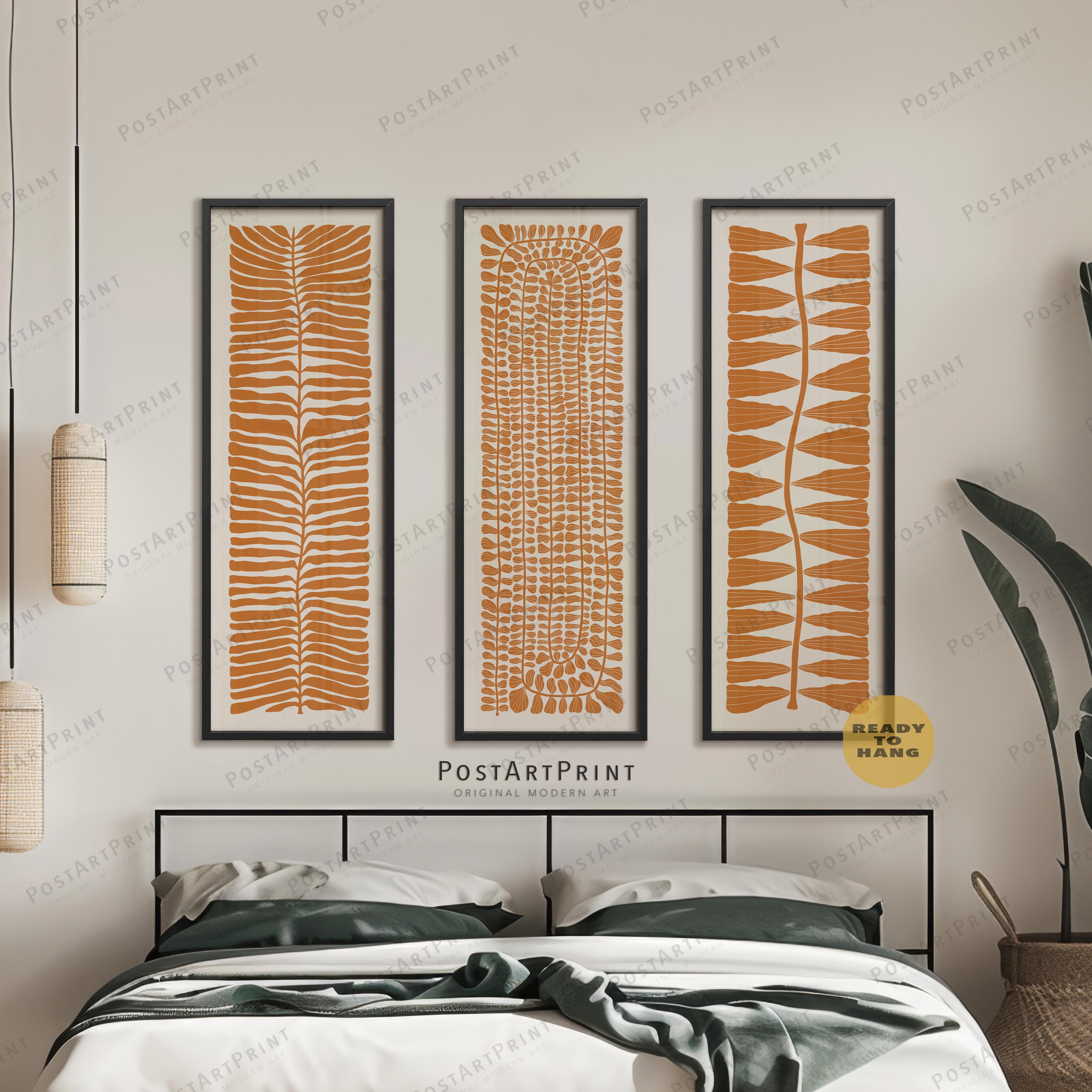 Mid Century Flowers Wall Art Set: Tall Narrow Terracotta Framed Canvas Poster