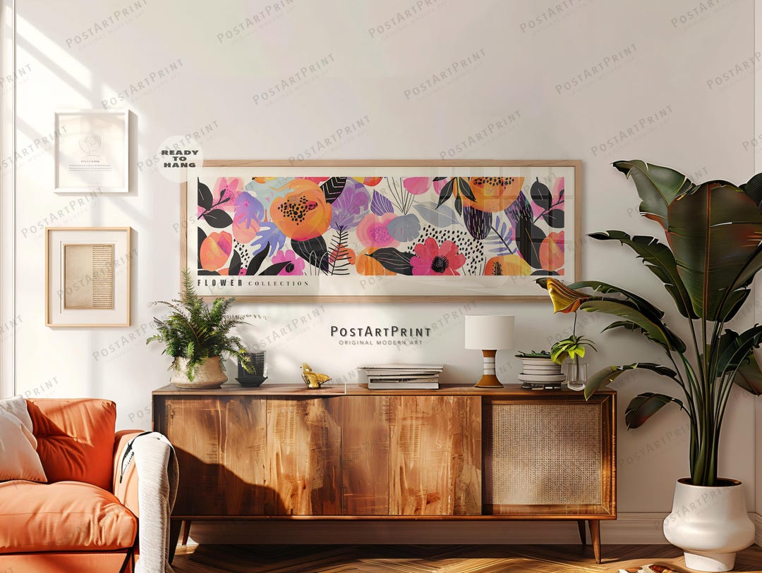Mid Century Flowers Wall Art: Long Horizontal Botanical Framed Poster ...