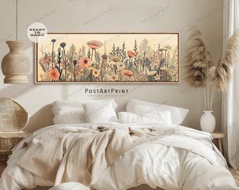 Vintage Floral Canvas Print: Long Horizontal Framed Flowers Art