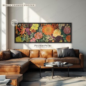 Art mural botanique vintage : toile encadrée grandes fleurs horizontales