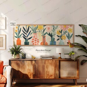 Horizontal Wall Art, Large Framed Canvas, Mid Century, Flower Vase Poster, Panoramic Above Bed Art, Wide Art Framed Art, Long Narrow Decor