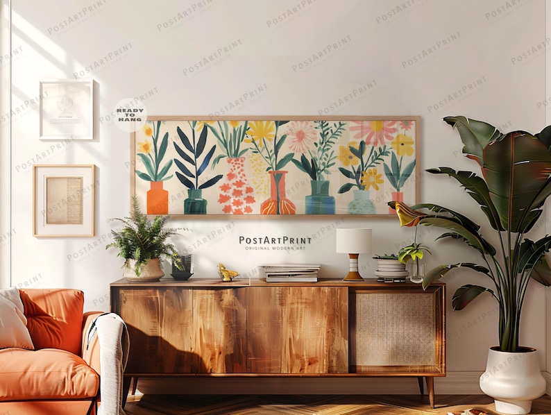 Horizontal Wall Art, Large Framed Canvas, Mid Century, Flower Vase Poster, Panoramic Above Bed Art, Wide Art Framed Art, Long Narrow Decor