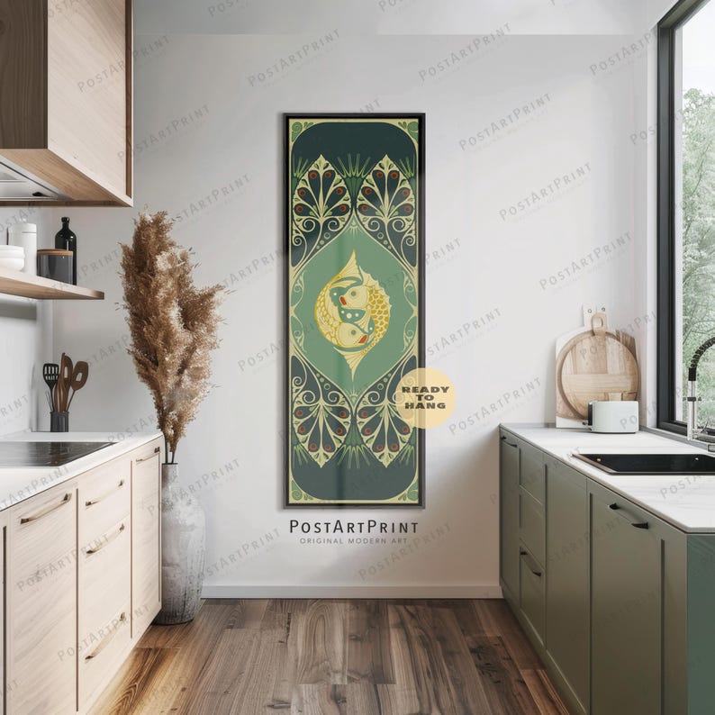 Long Narrow Wall Art, Wide Art, Long Vertical, Vintage Koi Fish Art, Large Framed Canvas, Art Nouveau, Retro Decor, Oversized Framed Poster