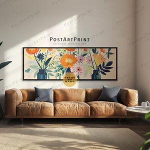 Flower Vase Poster, Horizontal Wall Art, Large Framed Canvas, Mid Century, Panoramic Above Bed Art, Wide Art, Framed Art, Long Narrow Decor