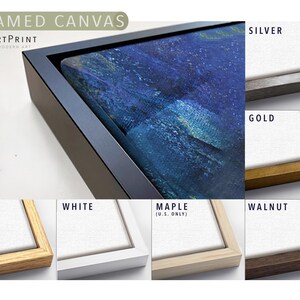 a collection of framed canvas artworks, each with a different color and frame style, arranged in a grid format.