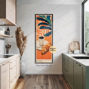 Kunstprint Croissant en koffie: lang smal ingelijst keukendecor