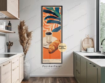 Croissant and Coffee Art Print: Long Tall Narrow Framed Kitchen Decor