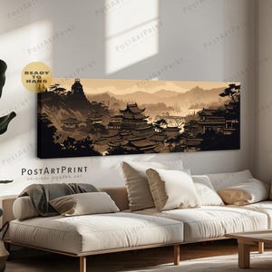 Japanese Ink Art: Sunset Landscape Framed Canvas - Panoramic Wall Art