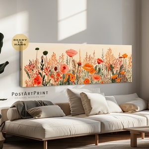 Horizontal Framed Canvas, Colorful Flowers Framed Poster, Panoramic Botanical, Horizontal Art, Long Narrow Decor, Mid Century Modern Art