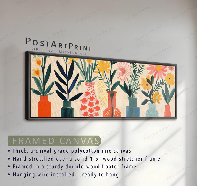 Mid Century Botanical Wall Art: Long Horizontal Colorful Flowers Vase Print image 4