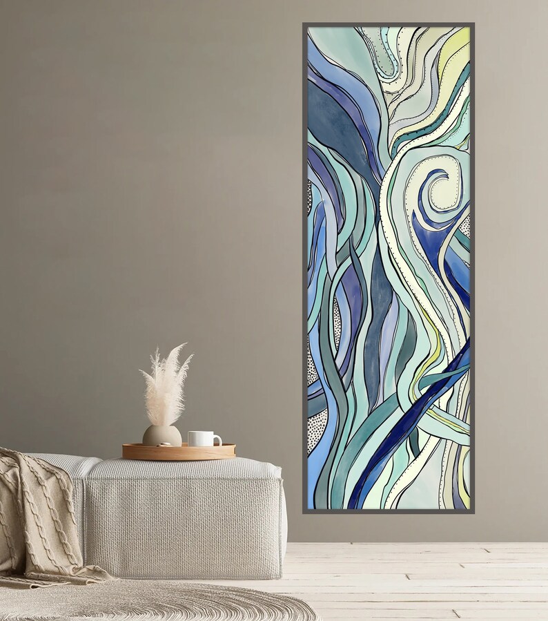 Abstract Long Horizontal Wall Art Blue Green Beige Decor Etsy