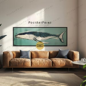 Horizontal Whale Wall Art: Long Panoramic Navy Blue Framed Canvas