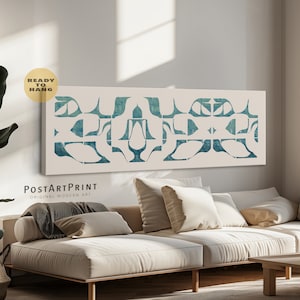 Horizontal Wall Art, Large Framed Canvas, Wide Art Print, Above Bed Decor, Blue and Beige Abstract Wall Art, Large Art Print, Panoramic Art