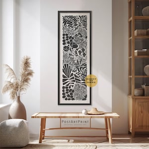 Long Narrow Flowers Framed Art: Black and Beige Floral Canvas Print