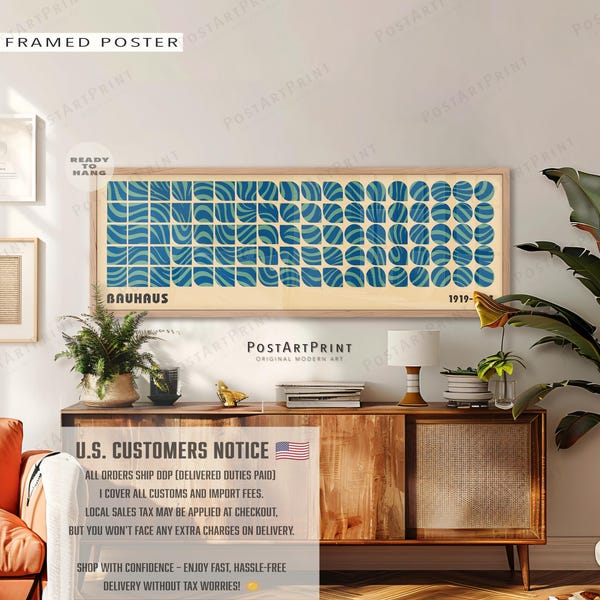 Bauhaus Leinwand mit Rahmen: Lange horizontale blaue geometrische Kunst