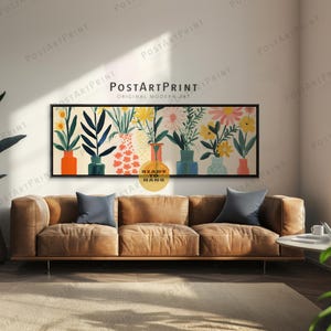 Horizontal Wall Art, Large Framed Canvas, Mid Century, Flower Vase Poster, Panoramic Above Bed Art, Wide Art Framed Art, Long Narrow Decor