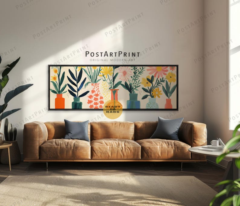Horizontal Wall Art, Large Framed Canvas, Mid Century, Flower Vase Poster, Panoramic Above Bed Art, Wide Art Framed Art, Long Narrow Decor