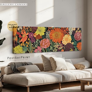Vintage Flowers Tapestry, Wide Framed Art, Maximalist Large Wall Art, Horizontal Wall Art, Mid Century Modern, Panoramic Above Bed Decor