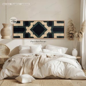 Dessin au trait moderne du milieu du siècle : toile horizontale abstraite encadrée au-dessus du lit