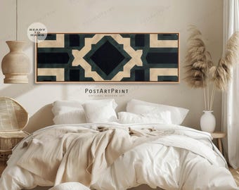 Arte lineal moderno de mediados de siglo: Lienzo enmarcado abstracto horizontal sobre la cama