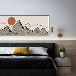Minimalist Mountain, Long Horizontal Line Mountain Art, Boho Sun, Long ...