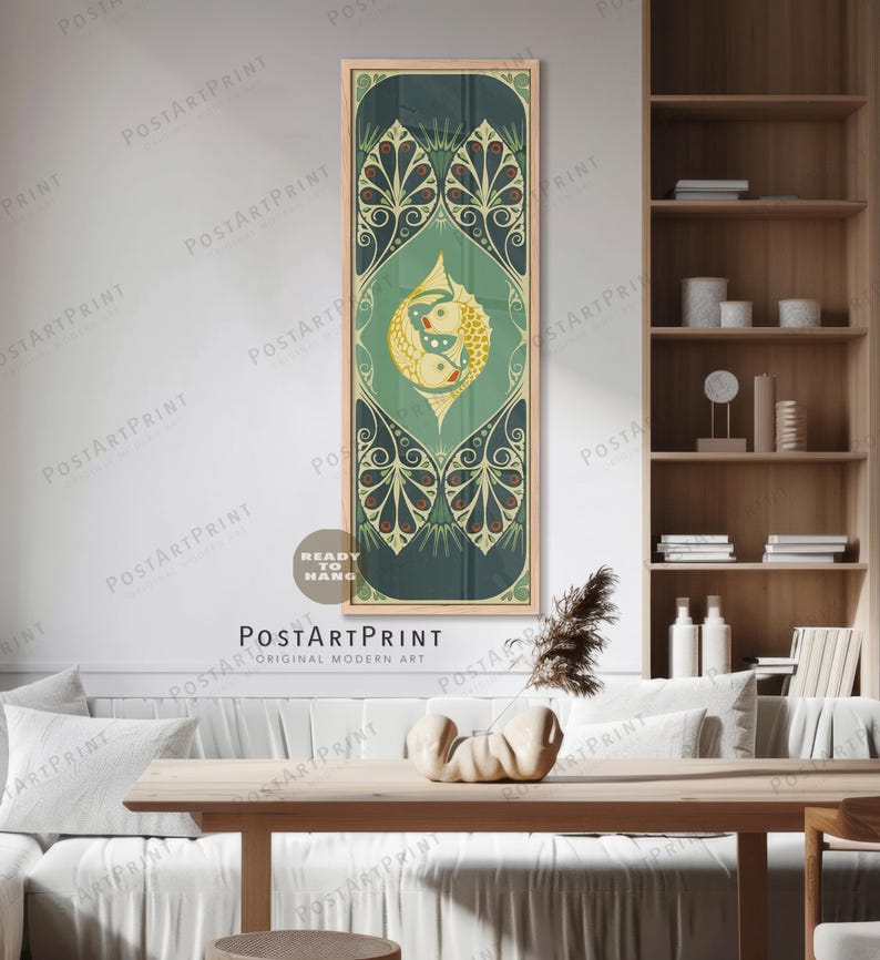 Long Narrow Wall Art, Wide Art, Long Vertical, Vintage Koi Fish Art, Large Framed Canvas, Art Nouveau, Retro Decor, Oversized Framed Poster