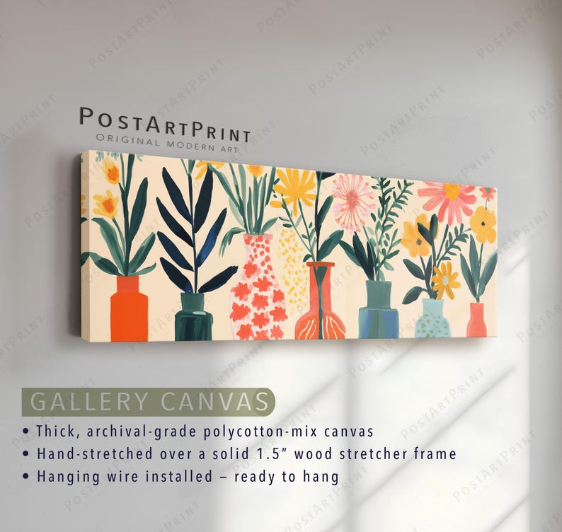 Mid Century Botanical Wall Art: Long Horizontal Colorful Flowers Vase Print image 3